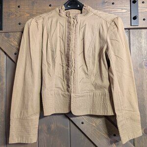 medium beige casual jacket with ruffles down center and around collar size M